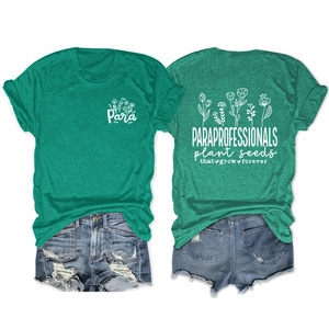 Front and back view of green T-shirt with plant seeds print and floral graphics