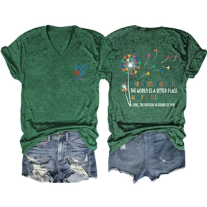 Front and back view of green V-neck T-shirt with 'you matter' heart and dandelion print