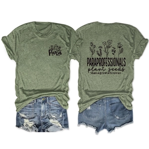 Front and back view of grass green T-shirt with Paraprofessional floral print and denim shorts