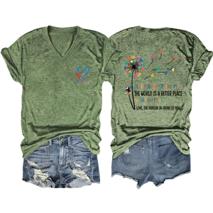 Detail of green V-neck T-shirt showing heart dandelion print and inspirational quote