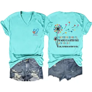 Women's Casual V Neck Short Sleeve T-Shirt With Dear Person Behind Me Slogan Heart Dandelion Graphic Loose Cotton Blend Top