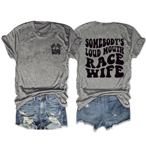 Detail view of the front and back vintage race wife prints on heather grey cotton T-shirt