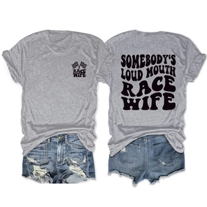 Front and back detail of gray Race Wife t-shirt with slogan and checkered flag design