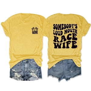 Detailed front and back view of a yellow Race Wife graphic tee with checkered flags