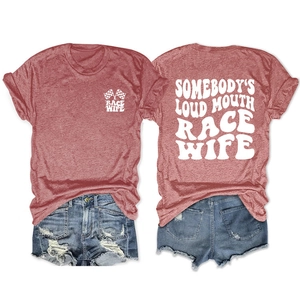 Front and back detail of heather red Race Wife t-shirt with vintage white printed lettering