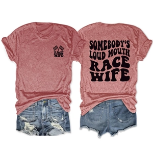 Front and back view of Somebody's Loud Mouth Race Wife T-shirt with denim shorts