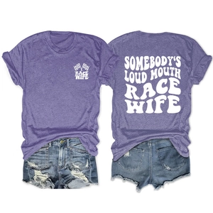 Detailed back and front views of a heather purple Race Wife t-shirt and denim shorts set