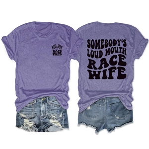 Purple Race Wife oversized t-shirt with front and back slogan graphic and denim shorts