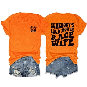 Front and back view of orange cotton blend T-shirt with Race Wife graphic and checkered flags