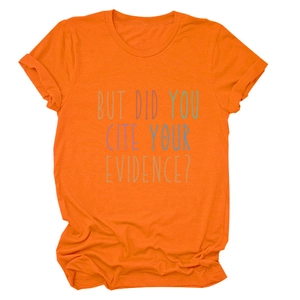 Close-up of orange cotton t-shirt featuring the colorful academic slogan graphic print