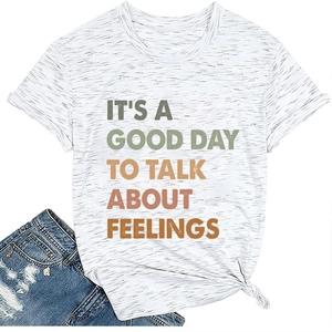Detail of the colorful vintage typography on a grey cotton-blend short sleeve T-shirt