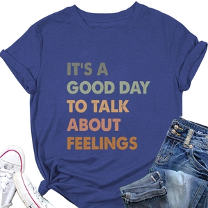 Detail view of cotton t-shirt with It's a good day to talk about feelings print
