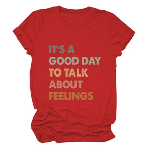 Detail of red crew neck t-shirt featuring multicolor It’s A Good Day To Talk print