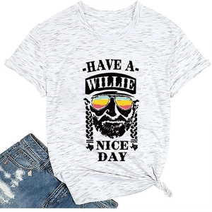 Detail of grey marl t-shirt featuring Willie Nelson portrait and slogan with knotted hem