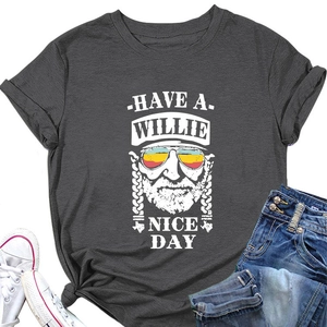 Detailed view of dark grey cotton T-shirt featuring retro Willie Nelson graphic and text
