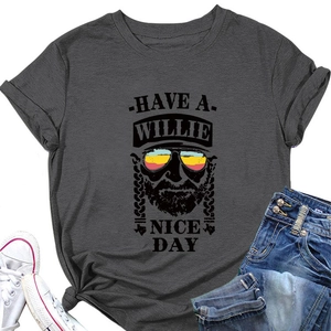 Flat lay of dark gray Willie Nice Day t-shirt with sneakers and denim jeans