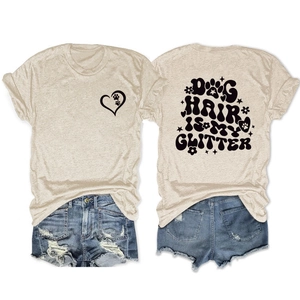 Front and back detail of beige t-shirt featuring Dog Hair Is My Glitter print with denim shorts