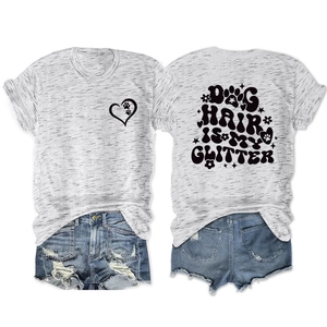 Detailed back view of grey cotton T-shirt featuring Dog Hair Is My Glitter print