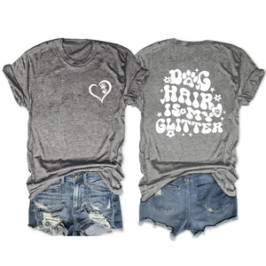Detailed front and back view of gray t-shirt with dog hair is my glitter print text