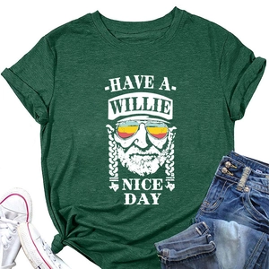 Flat lay of dark green T-shirt with Willie portrait and Have a Willie Nice Day text