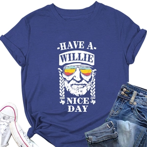 Flat lay of blue t-shirt with Willie cartoon print, denim shorts and sneakers