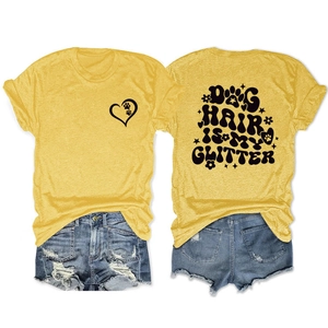 Yellow cotton T-shirt with Dog Hair Is My Glitter print and cute heart graphic