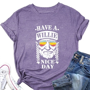Detail of purple heathered t-shirt with Have a Willie Nice Day vintage print