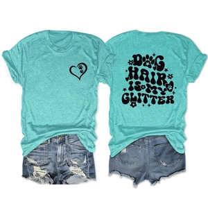 Front and back detail of mint green t-shirt with dog hair is my glitter print and denim shorts