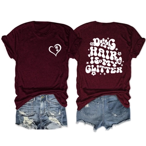 Front and back view of burgundy t-shirt with dog hair is my glitter print and heart detail