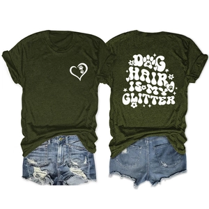 Front and back detail of dark green T-shirt with Dog Hair Is My Glitter print and denim shorts