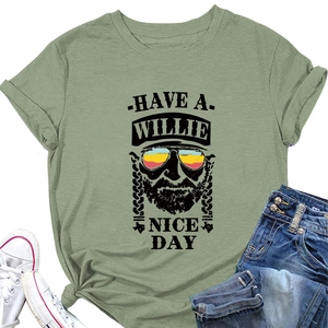 Detail of rolled sleeve and vintage Willie graphic print on army green cotton t-shirt