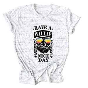 Detail view of the rolled cuff sleeve on a grey marl t-shirt with retro graphic print