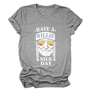 Detail of the vintage grey t-shirt featuring Willie character print and humor text