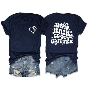 Detail showing front heart logo and back 'DOG HAIR IS MY GLITTER' text on navy T-shirt