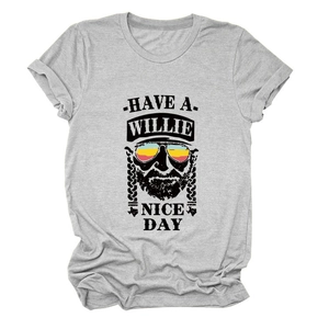Detail of the soft heather grey cotton T-shirt featuring a vintage graphic print