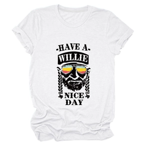 Detail of Willie Nice Day graphic print on a white cotton crew neck short sleeve t-shirt