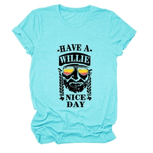 Detail of light blue cotton T-shirt featuring HAVE A WILLIE NICE DAY graphic print