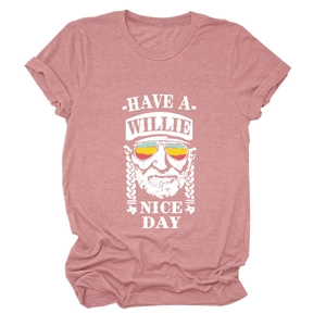 Detail of vintage Willie Nelson portrait print on a dusty pink crew neck cotton t-shirt