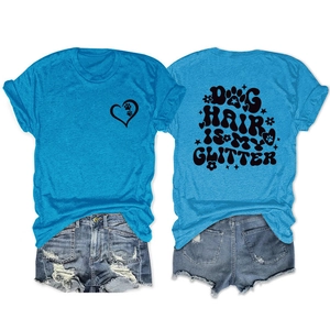 Front and back detail of blue T-shirt with Dog Hair is My Glitter print and heart paw icon