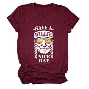 Detail of the cotton blend texture and Willie Nelson graphic on the burgundy T-shirt