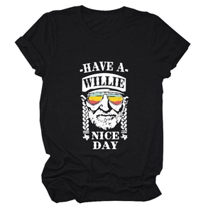 Detail of black cotton T-shirt featuring HAVE A WILLIE NICE DAY graphic print