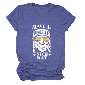 Detail of Willie Nelson print and Have a Willie Nice Day text on heathered cotton tee