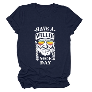 Detail view of navy cotton T-shirt featuring Willie white screen-printed graphic
