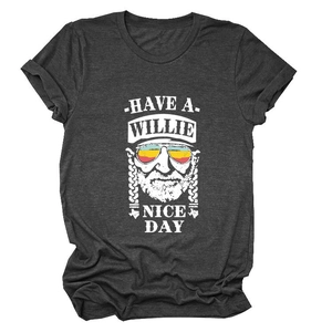 Dark grey Willie Nelson graphic T-shirt with Have a Willie Nice Day print and crew neck