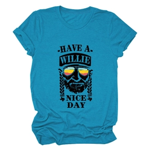 Close-up of Teal cotton t-shirt with Have a Willie Nice Day print and sunglasses graphic