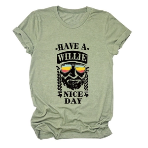 Short sleeve T-shirt in sage green with Willie Nelson portrait and text print