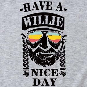 Grey cotton T-shirt featuring Willie Nelson graphic print with Have a Willie Nice Day text