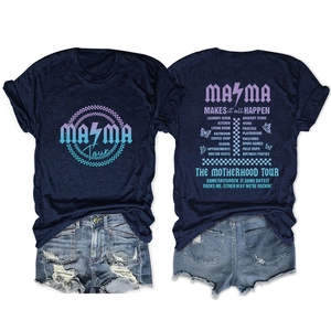 Detail of blue t-shirt with Mama Tour print and distressed denim shorts back view