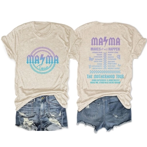 Oatmeal color mama tour rock style t-shirt with front and back graphic prints