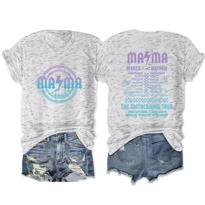 Detail of mama tour print t-shirt featuring front graphic and back schedule on grey fabric